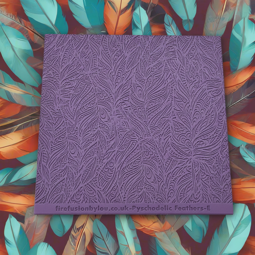Purple textured mat with a feather pattern on a colourful feather background
