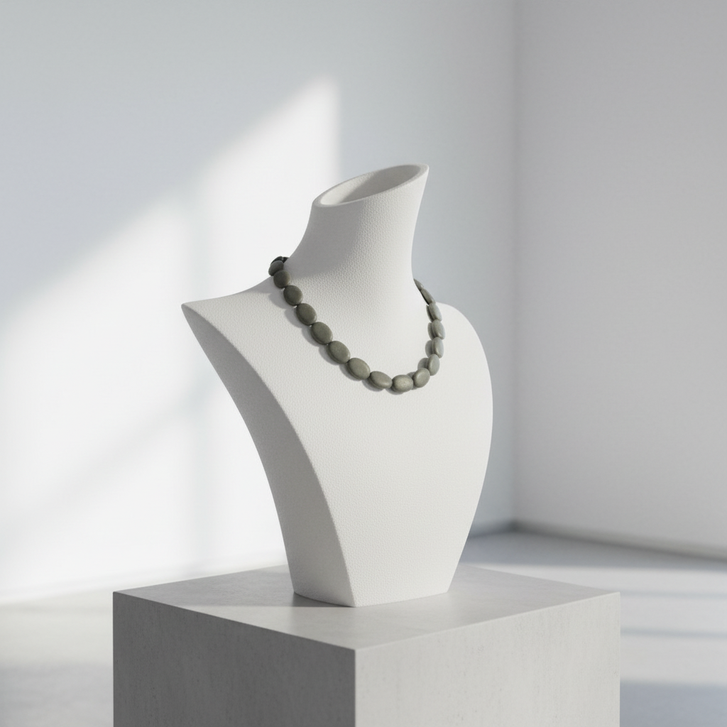"Pyrite oval beads 18x13mm strand displayed on jewellery bust showing natural fool's gold gemstone necklace with metallic lustre"