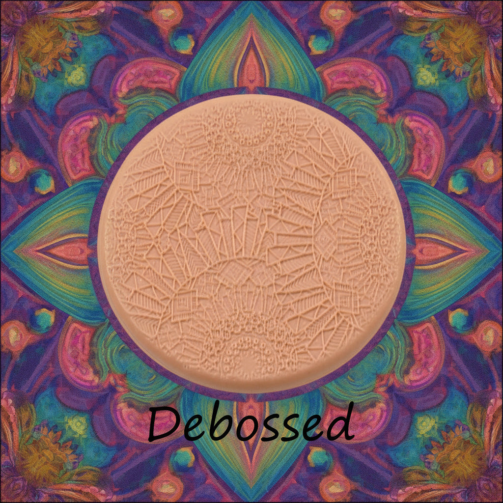 An array of flowery mandala patterned petals embossed in silly putty Using a debossed texture mat in grey material. This will give you an idea of what it will look like on metal clay or polymer clay.