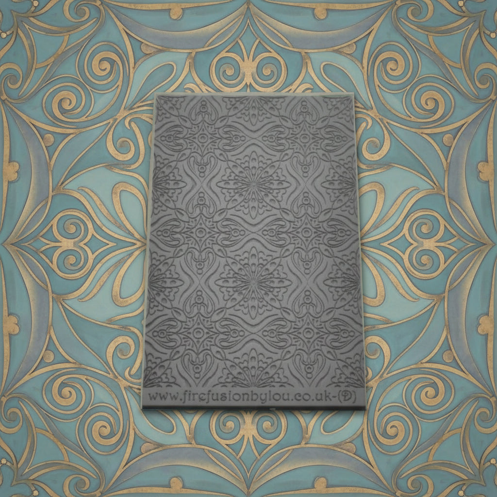 fancy geometric debossed texture mat in grey material. The texture mat pattern will give a embossed effect on metal clay or polymer clay.