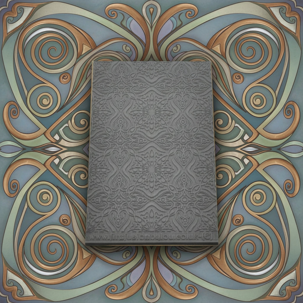fancy geometric embossed texture mat in grey material. The texture mat pattern will give a debossed effect on metal clay or polymer clay.
