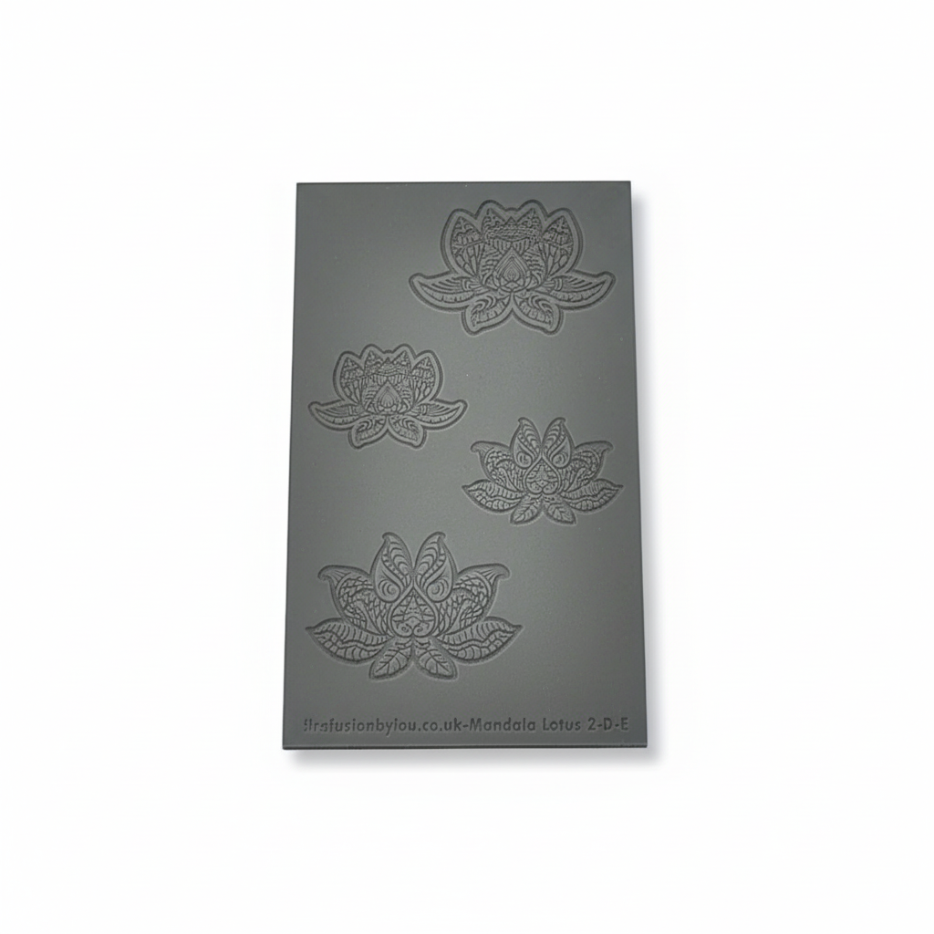 A debossed texture mat with mandala lotus flower petals. Use to make an impression on metal clay and polymer clay.