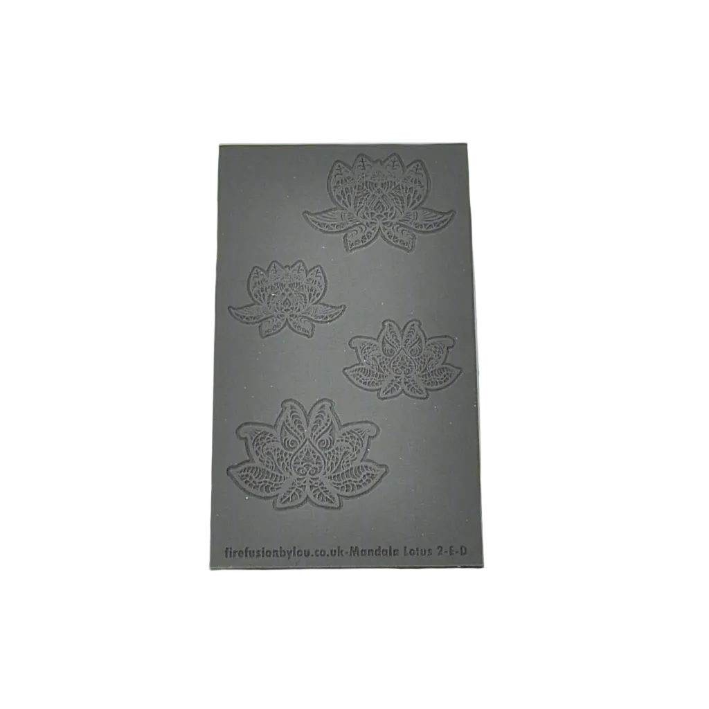An embossed texture mat with mandala lotus flower petals. Use to make an impression on metal clay and polymer clay.