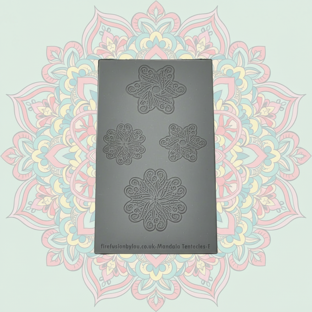 An embossed texture mat with mandala tentacle flowers. Use to make an impression on metal clay and polymer clay.