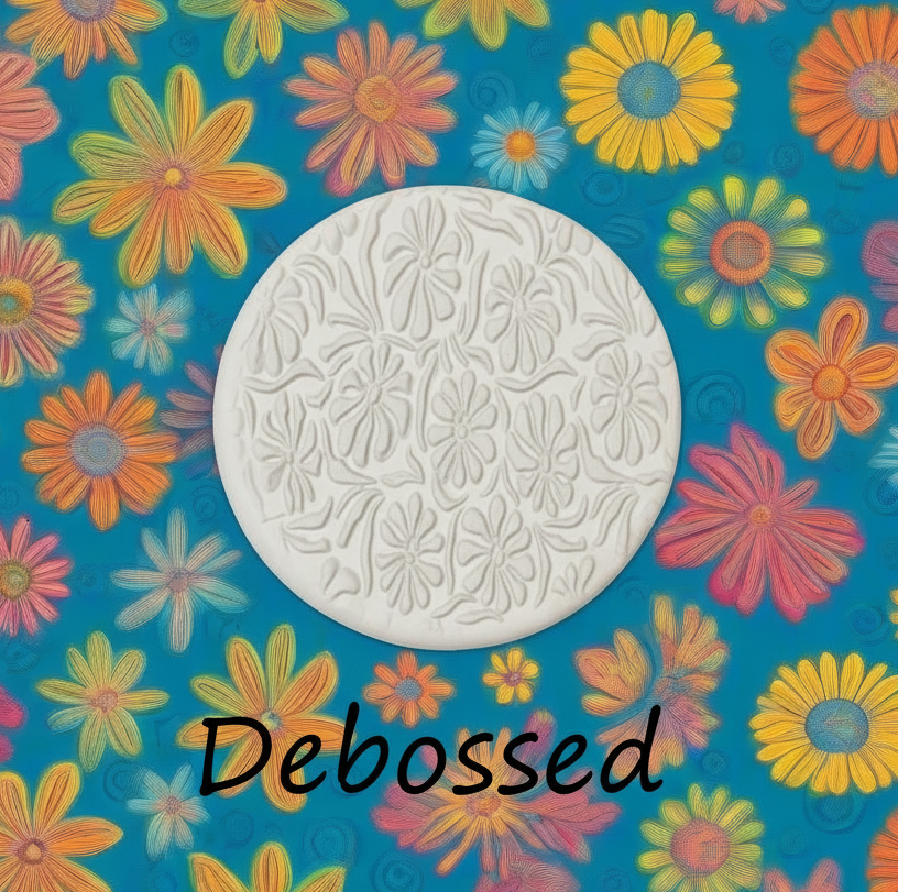 Retro flowers embossed in  clay using a  debossed texture mat. This will give you an idea of what it will look like on metal clay or polymer clay