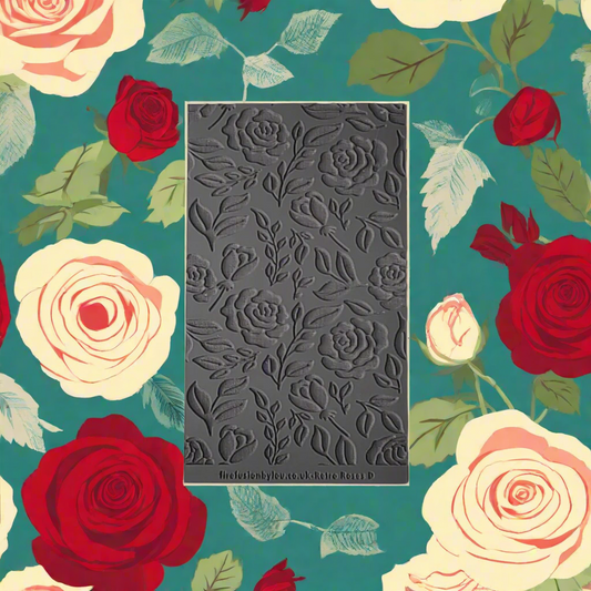 A 95 x 55 mm texture mat with debossed roses in a repeat pattern. Use to make a  impression on metal clay and polymer 