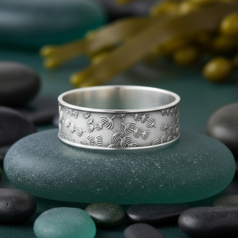 Silver ring with kelp pattern on a green stone with blurred natural background