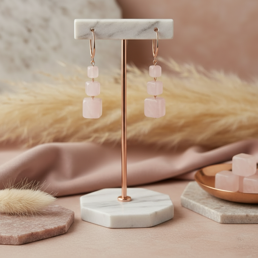 Marble earring stand with pink earrings on a neutral background