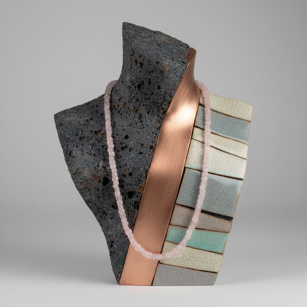 Decorative sculpture with rose quartz cube beads and metallic elements on a grey background.