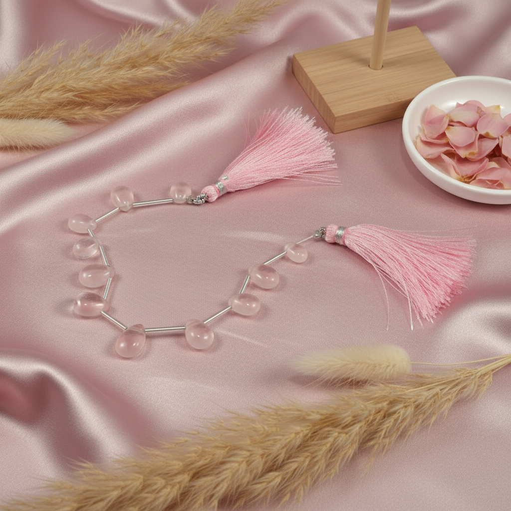 Necklace with pink beads and a tassel on a pink satin background