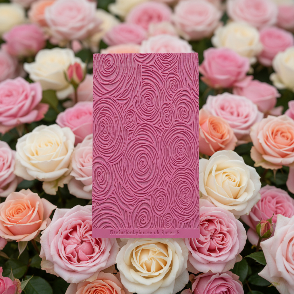 Pink embossed texture mat surrounded by pink, peach and white roses
