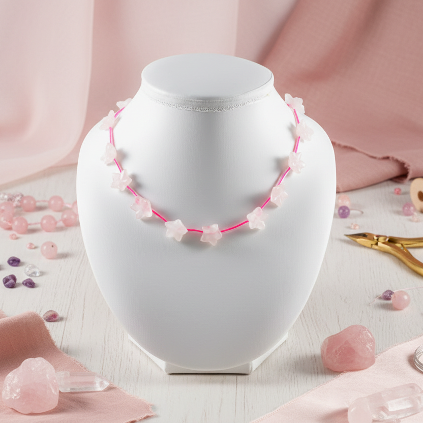 Necklace with pink and white floral beads on a mannequin against a pink background