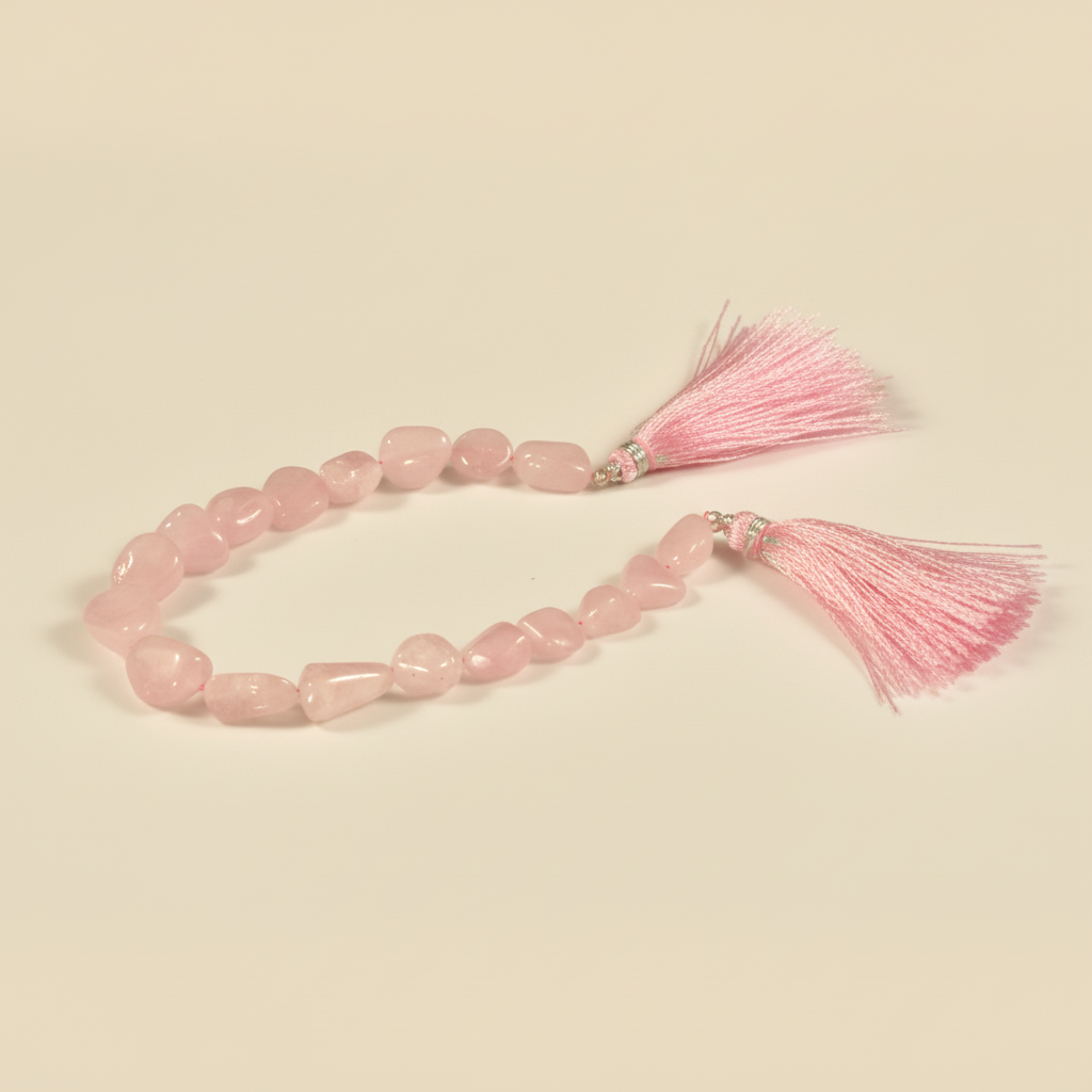 Pink beaded bracelet with tassels on a beige background