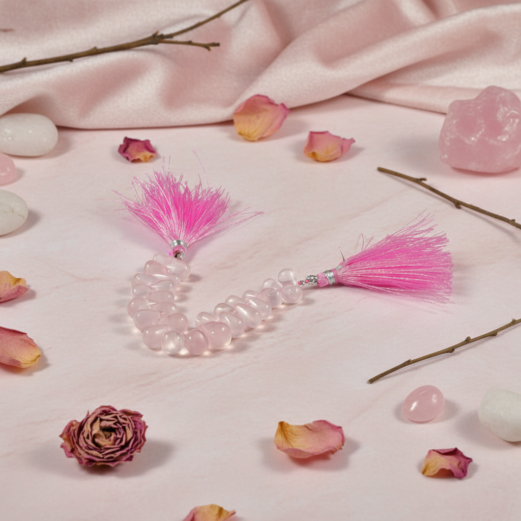Pink tassel and clear beads on a pink fabric background with flowers and crystals.
