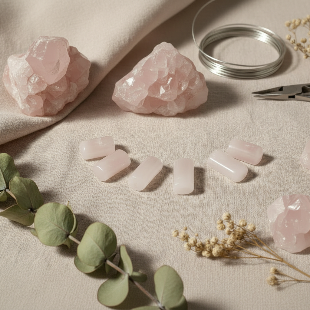 Pink rose quartz crystals on a beige surface with greenery and a bracelet.