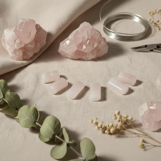 Pink rose quartz crystals on a beige surface with greenery and a bracelet.