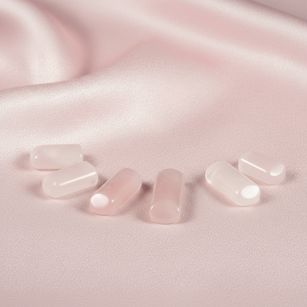 Rose quartz tapered gemstones on a pink satin surface.