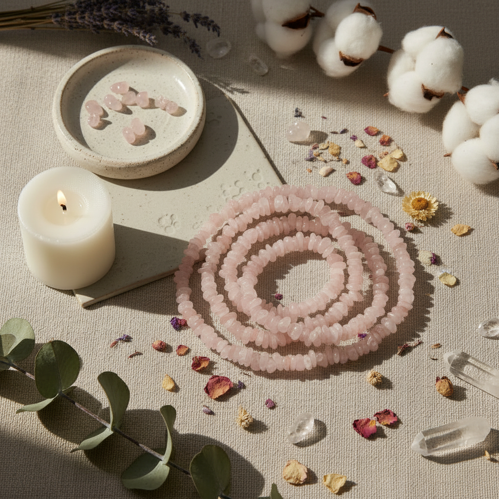 Rose quartz crystal with candle, cotton flowers, and eucalyptus on a neutral background