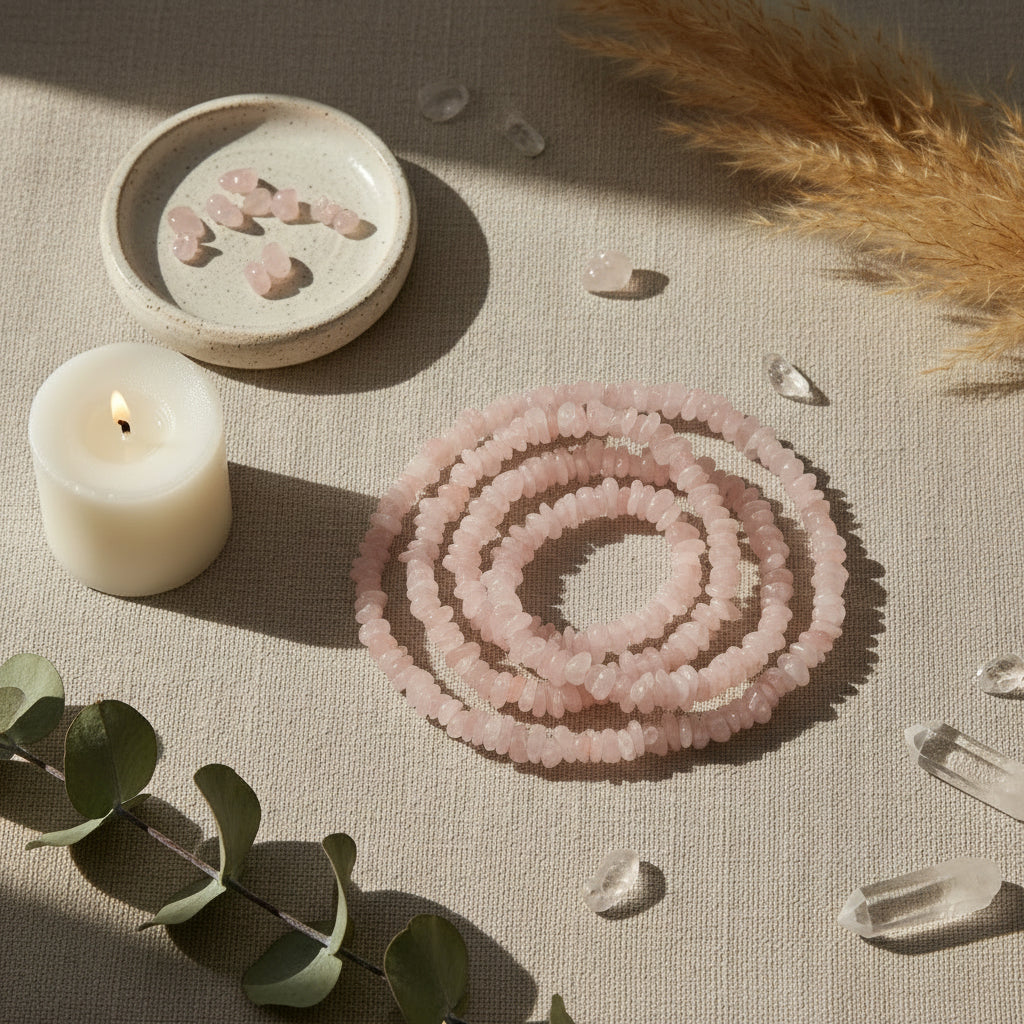 Rose quartz chips on a beige background