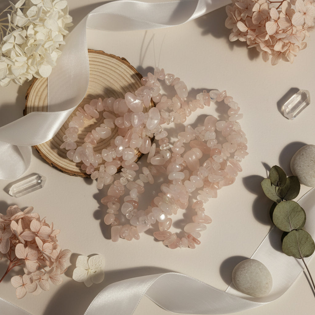 Arrangement of rose quartz on a beige background