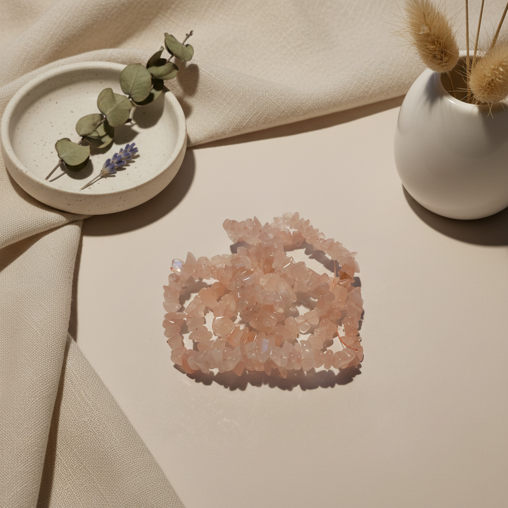 Rose quartz on a beige surface with a small round tray and plant in the background