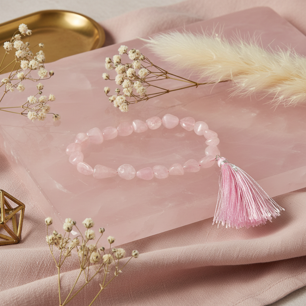 Pink beaded bracelet with a tassel on a pink surface with decorative elements.