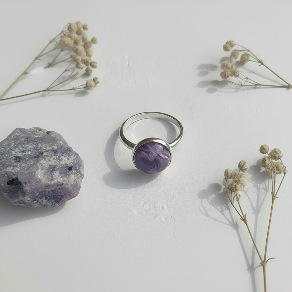 Silver ring with a purple gemstone on a white surface with dried flowers and a rock.