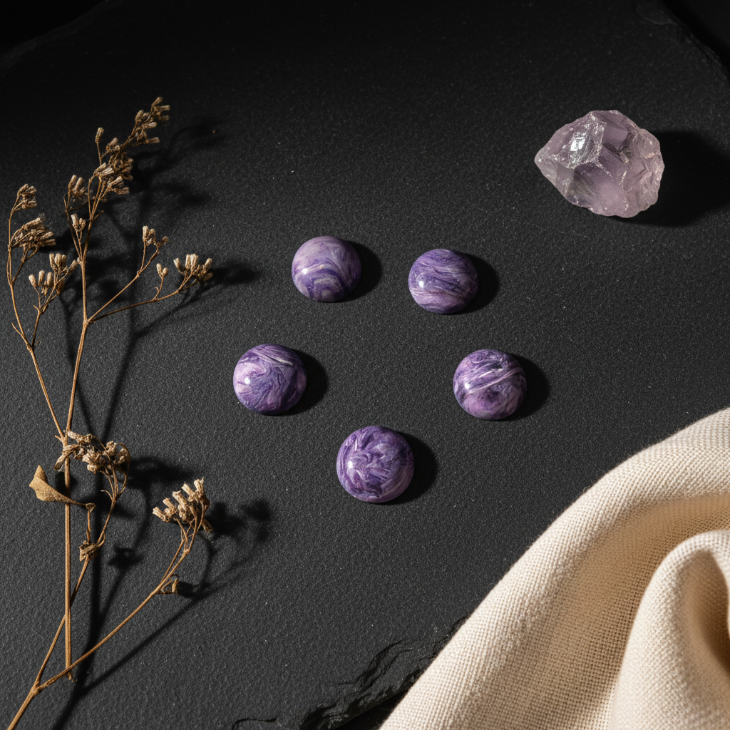 Purple stones on a dark surface with dried plants and beige fabric.