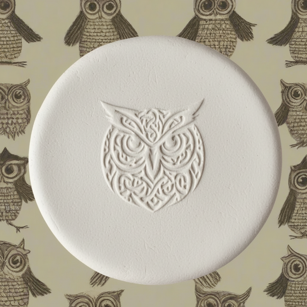 A round clay with an embossed owl design, displayed on a patterned background featuring owls.