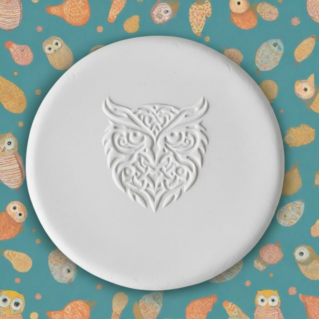 A round clay with an embossed owl design, displayed on a patterned background featuring owls.