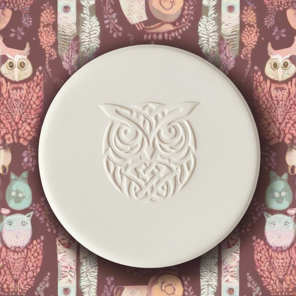 A round clay with an embossed owl design, displayed on a patterned background featuring owls and botanical motifs.