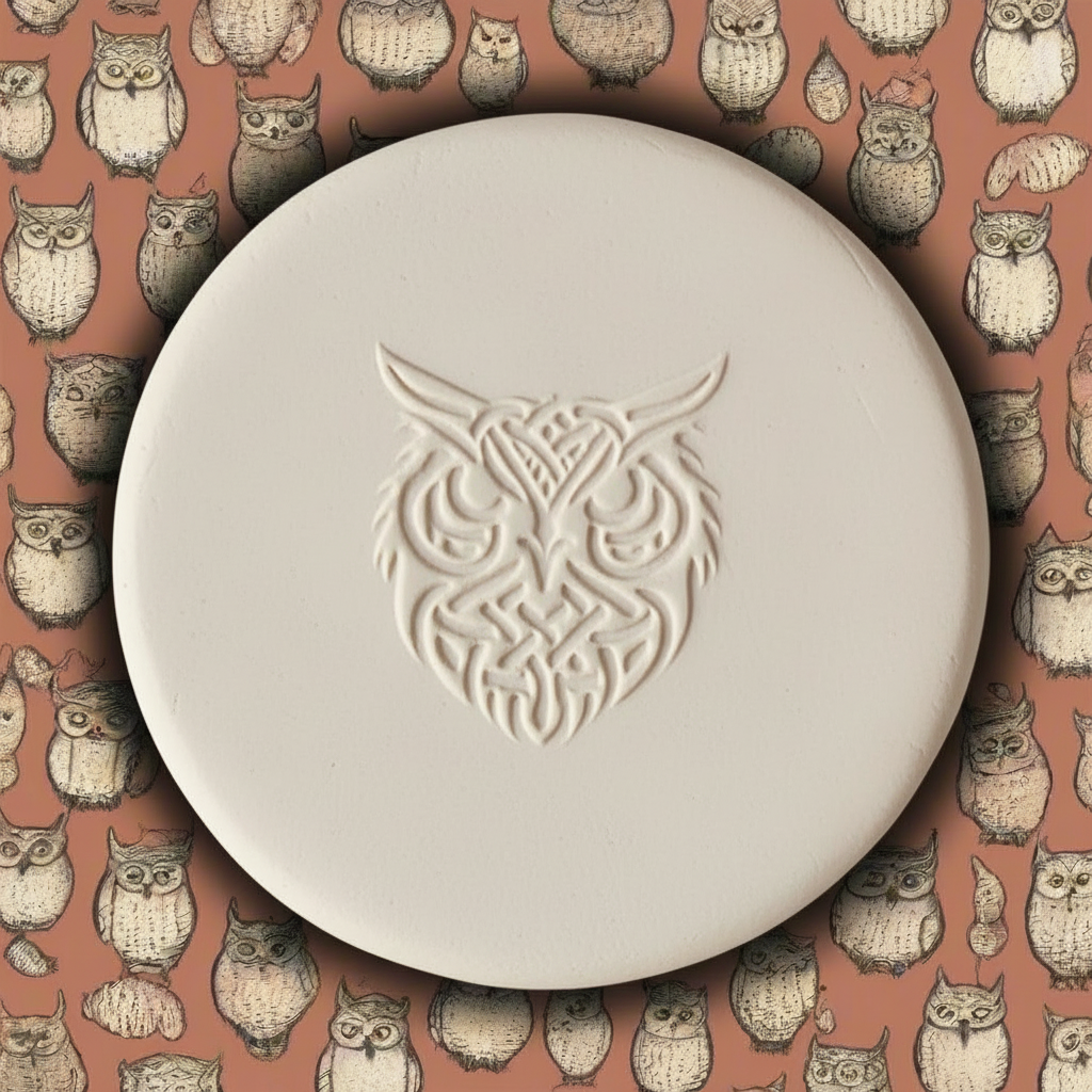 A round clay with an embossed owl design, displayed on a patterned background featuring owls.