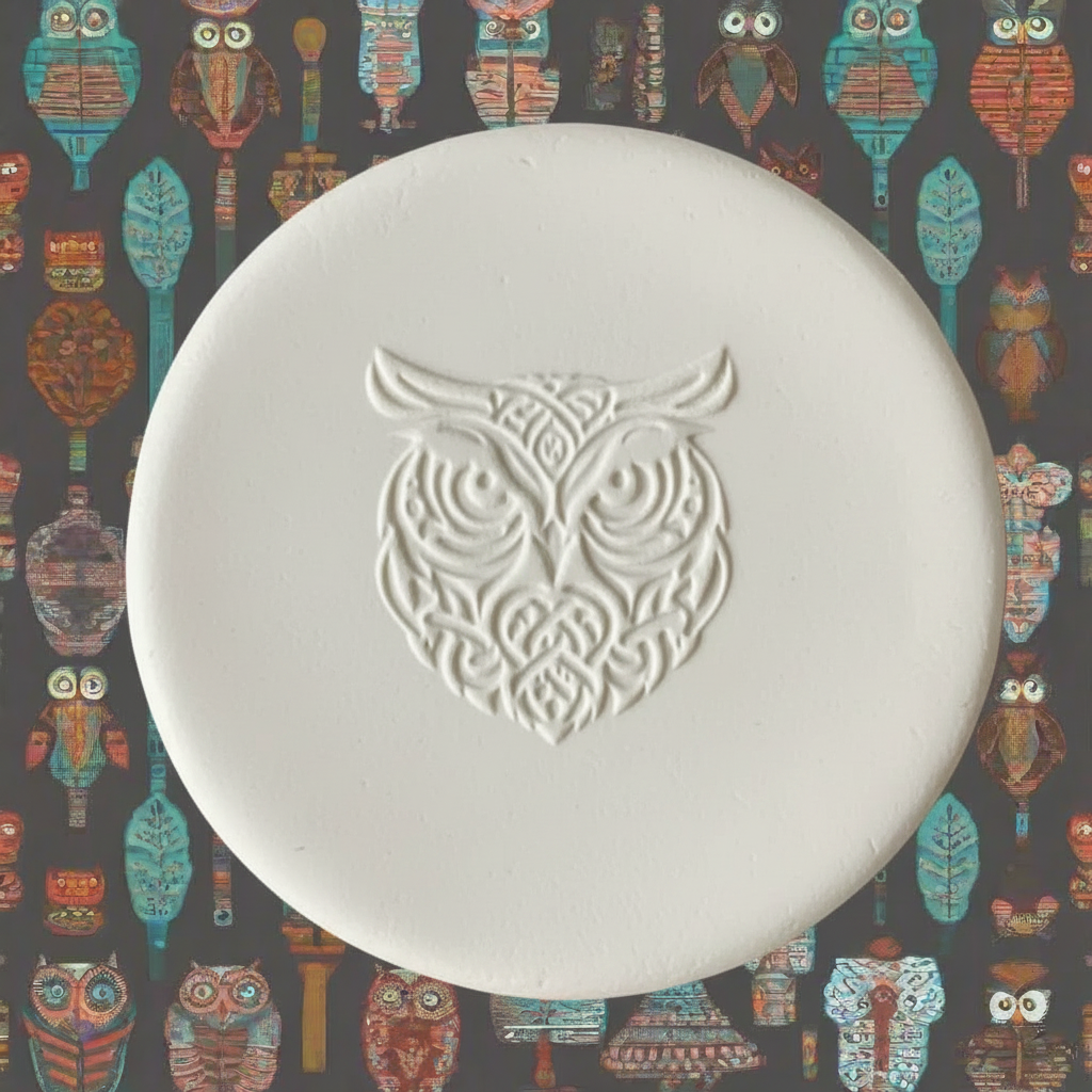 A round clay with an embossed owl design, displayed on a patterned background featuring owls.
