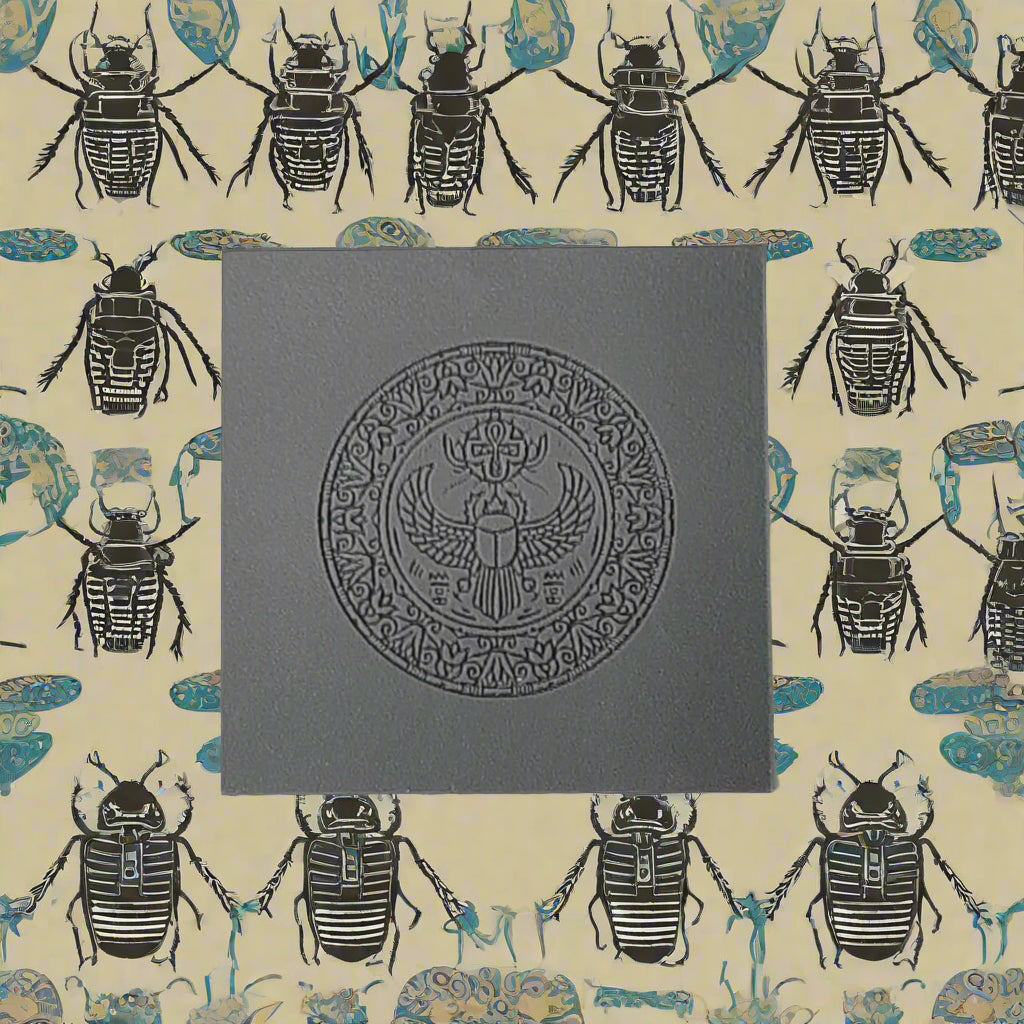 A square grey rubber with an embossed circular emblem featuring a winged figure and decorative border, cantered over a repeating pattern of black beetles and blue cloud-like shapes on a cream background.