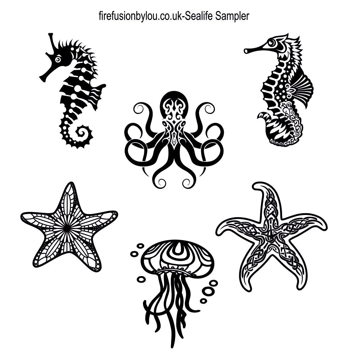 A set of black line-art sea life illustrations on a white background, including two seahorses, an octopus, two starfish, and a jellyfish. Small text at the top reads 'firefusionbylou.