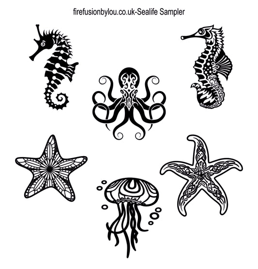 A set of black line-art sea life illustrations on a white background, including two seahorses, an octopus, two starfish, and a jellyfish. Small text at the top reads 'firefusionbylou.