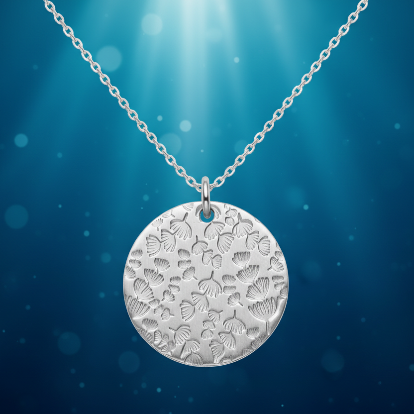 Silver necklace with a round pendant on a blue underwater background