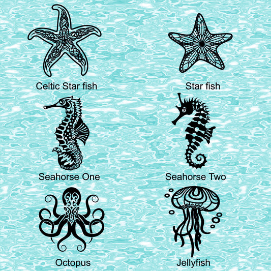 Set of black sea creature illustrations on a teal background. Use these texture mats for metal clay and polymer clay.
















