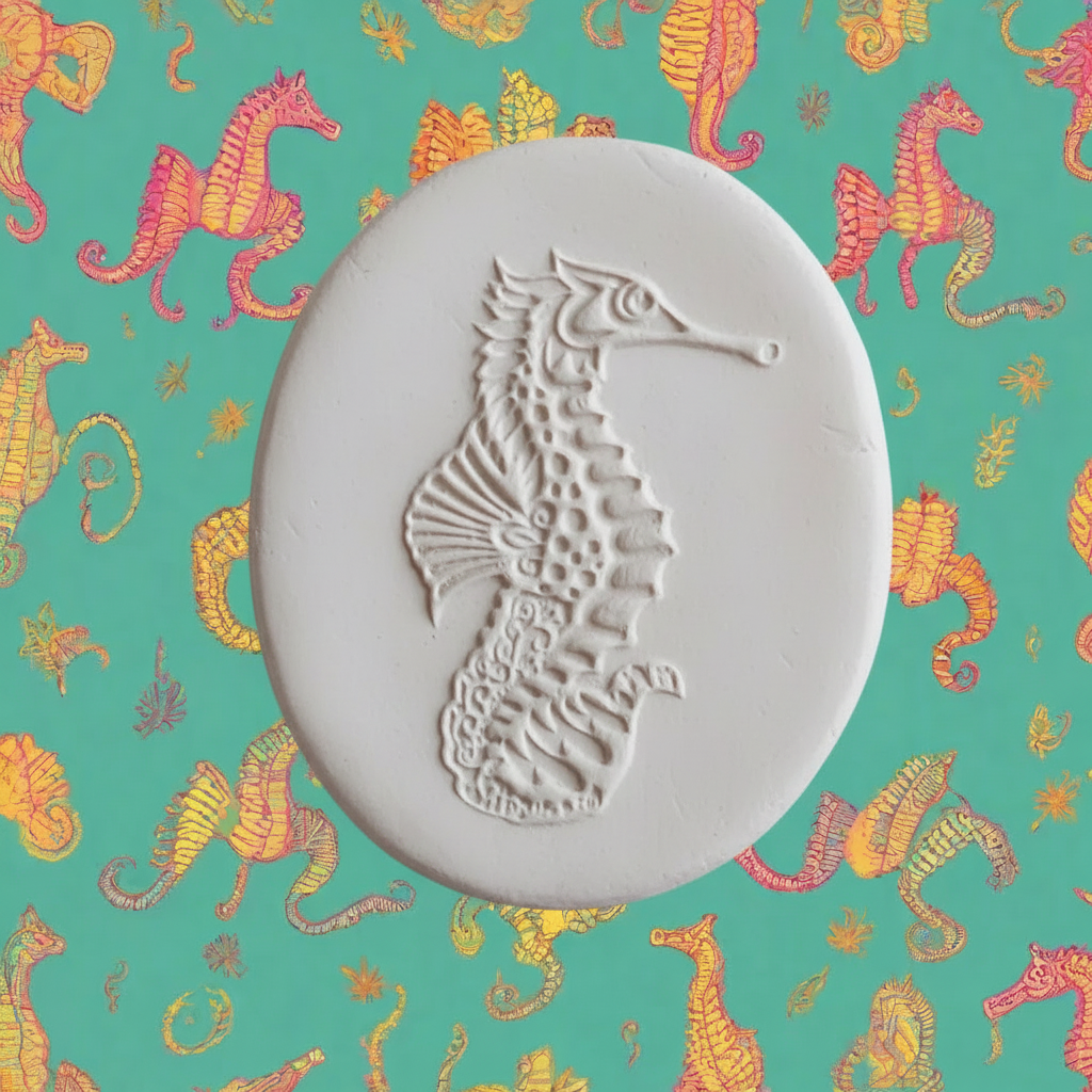 Seahorse design on a teal background with seahorse pattern.