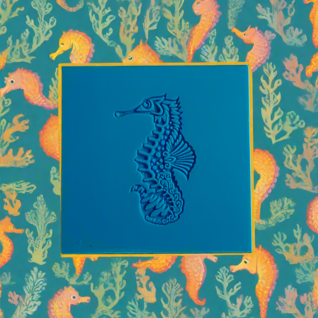 Blue seahorse design on a blue background with colourful seahorse pattern. 