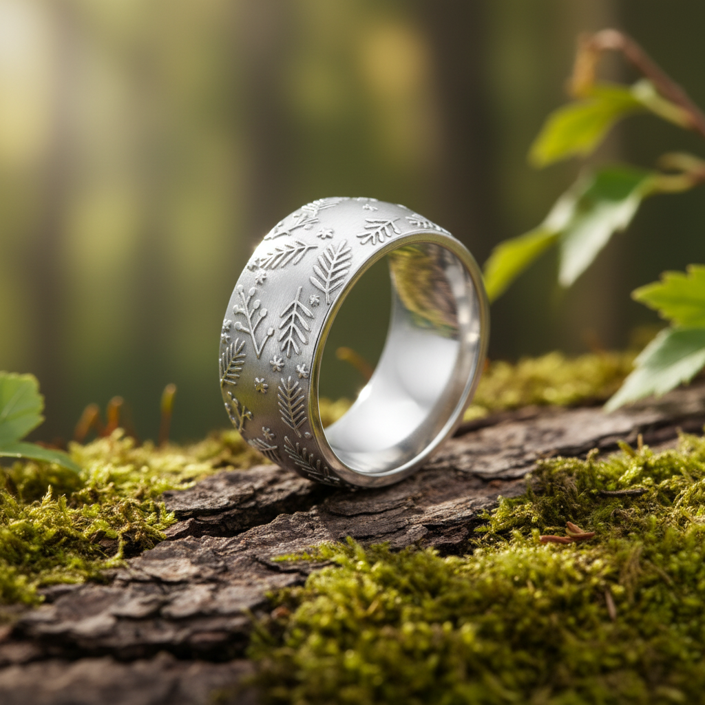 Silver ring with engraved design on a white background