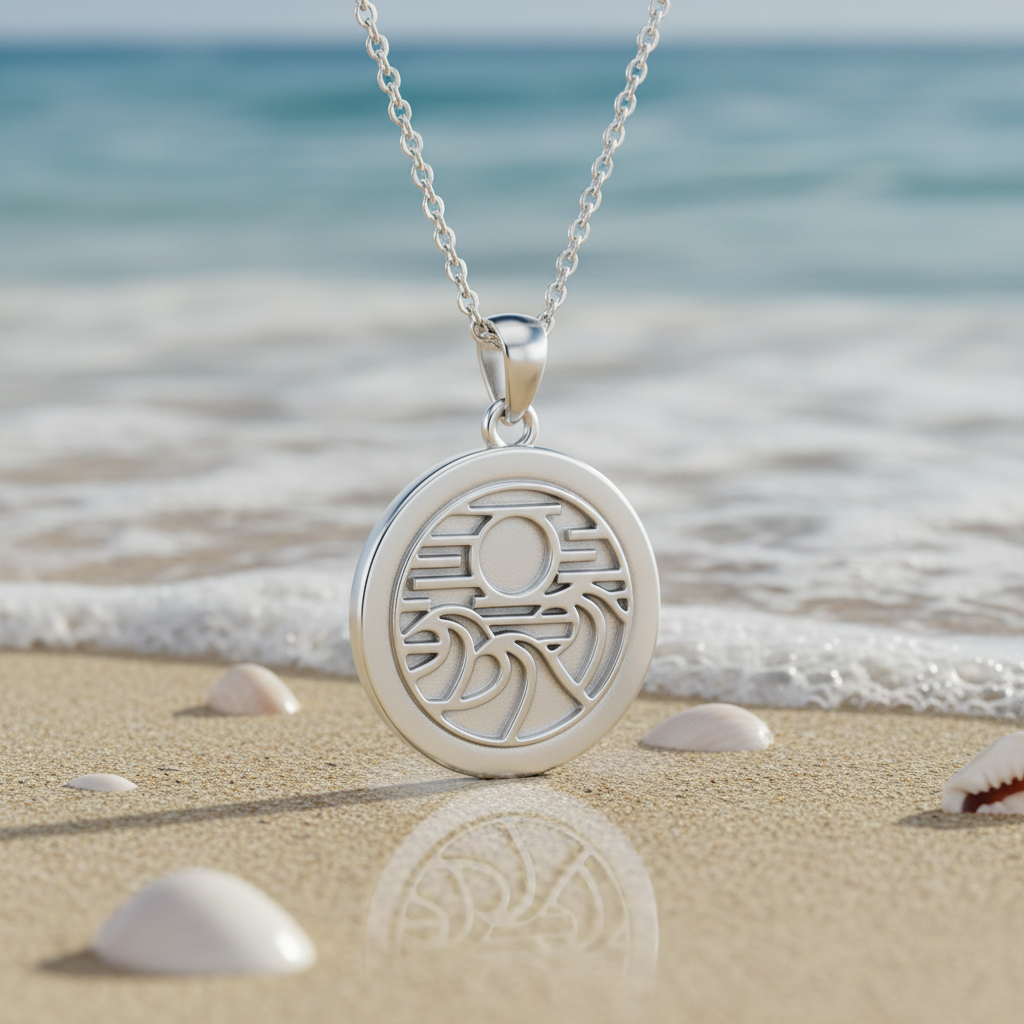 "Silver necklace made with sun and waves embossed texture design"