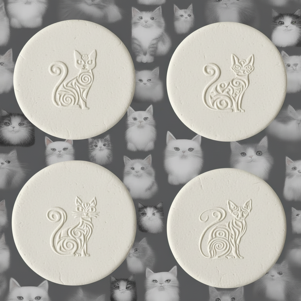 Four clay stamps with cat designs on a background of cat illustrations.