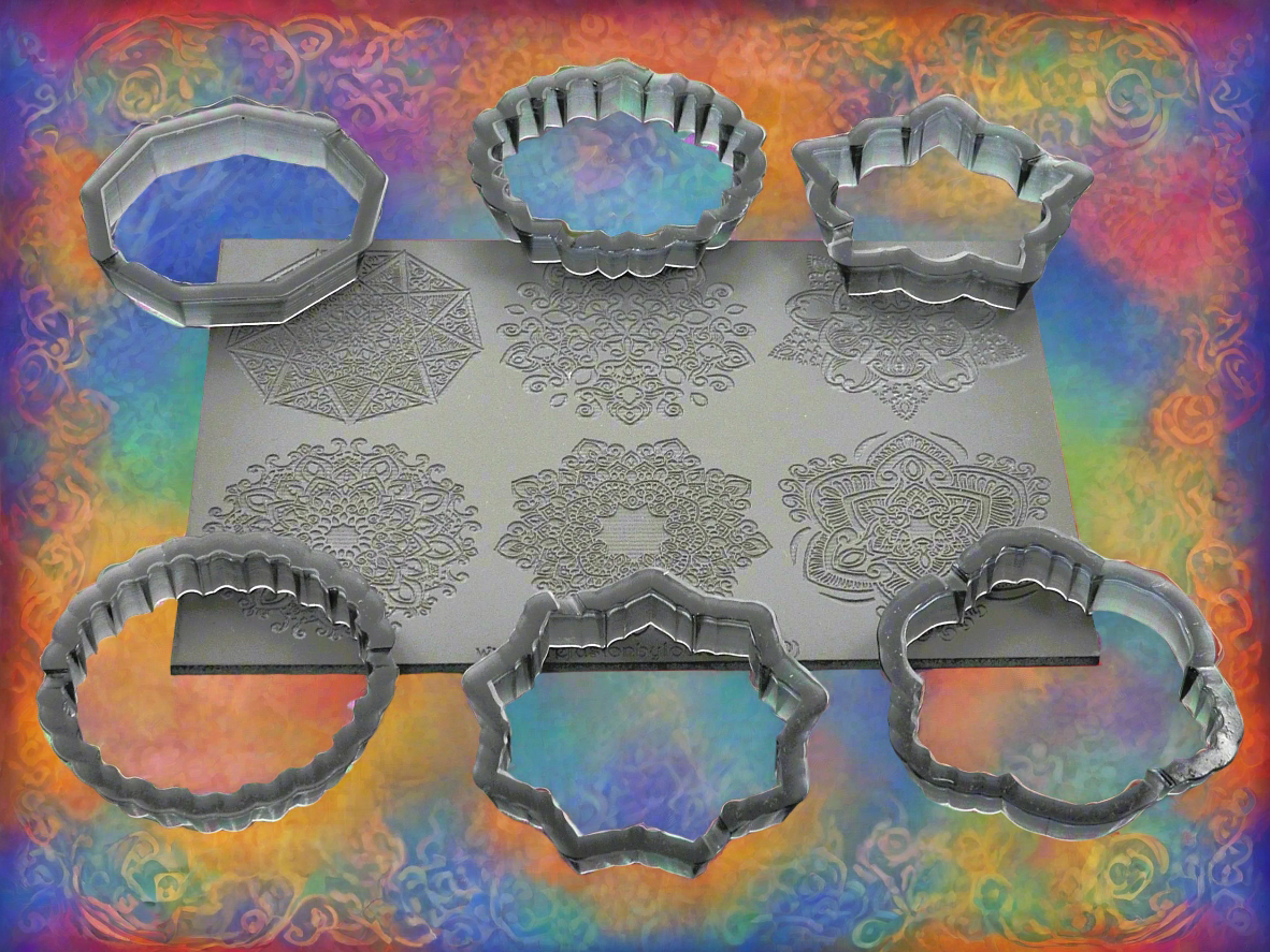 A set of six mandala cutters for crafting, displayed against a colourful background with a floral pattern.