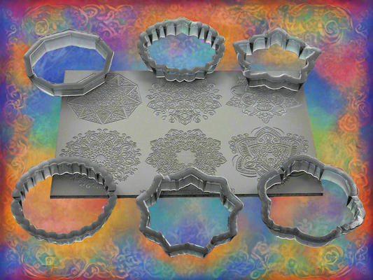A set of six mandala cutters for crafting, displayed against a colourful background with a floral pattern.