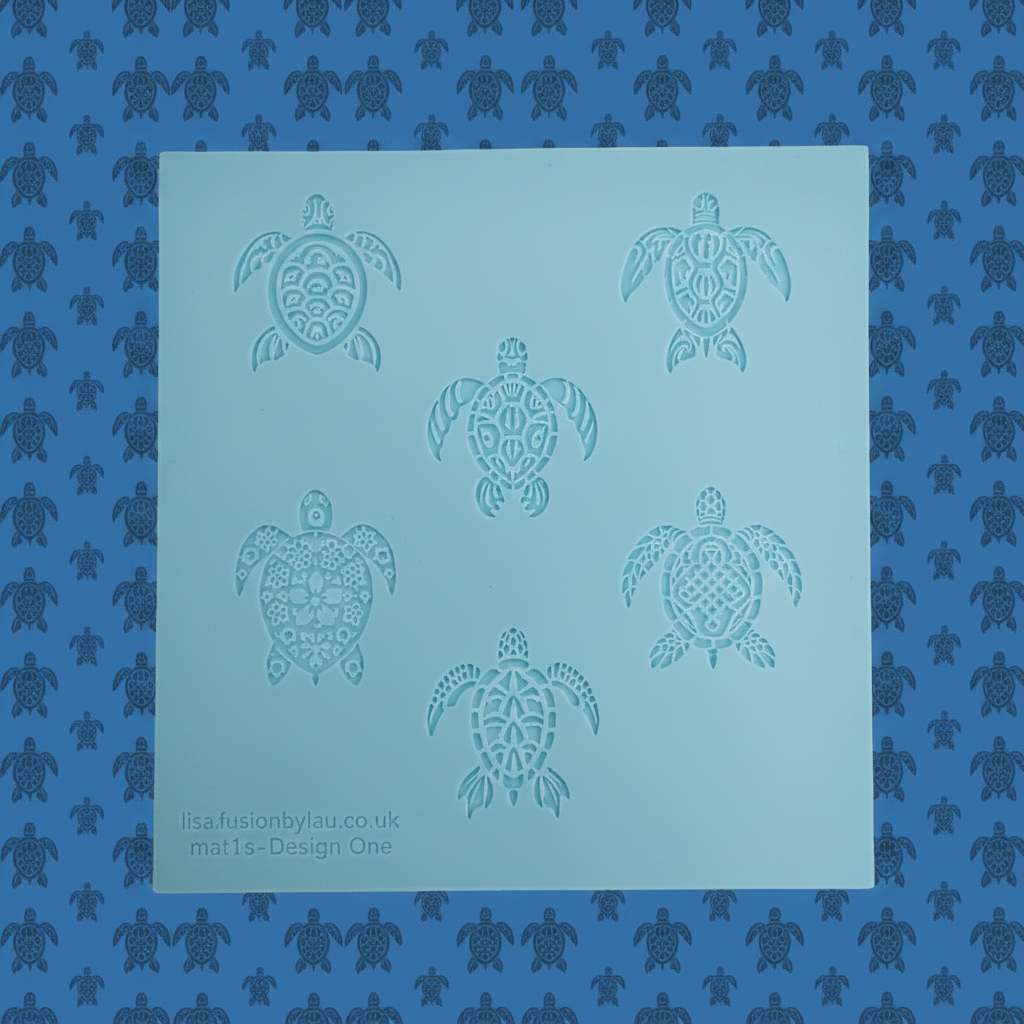 A square texture mat featuring five debossed sea turtle designs, displayed on a turtle background with a repeating  sea turtle pattern.