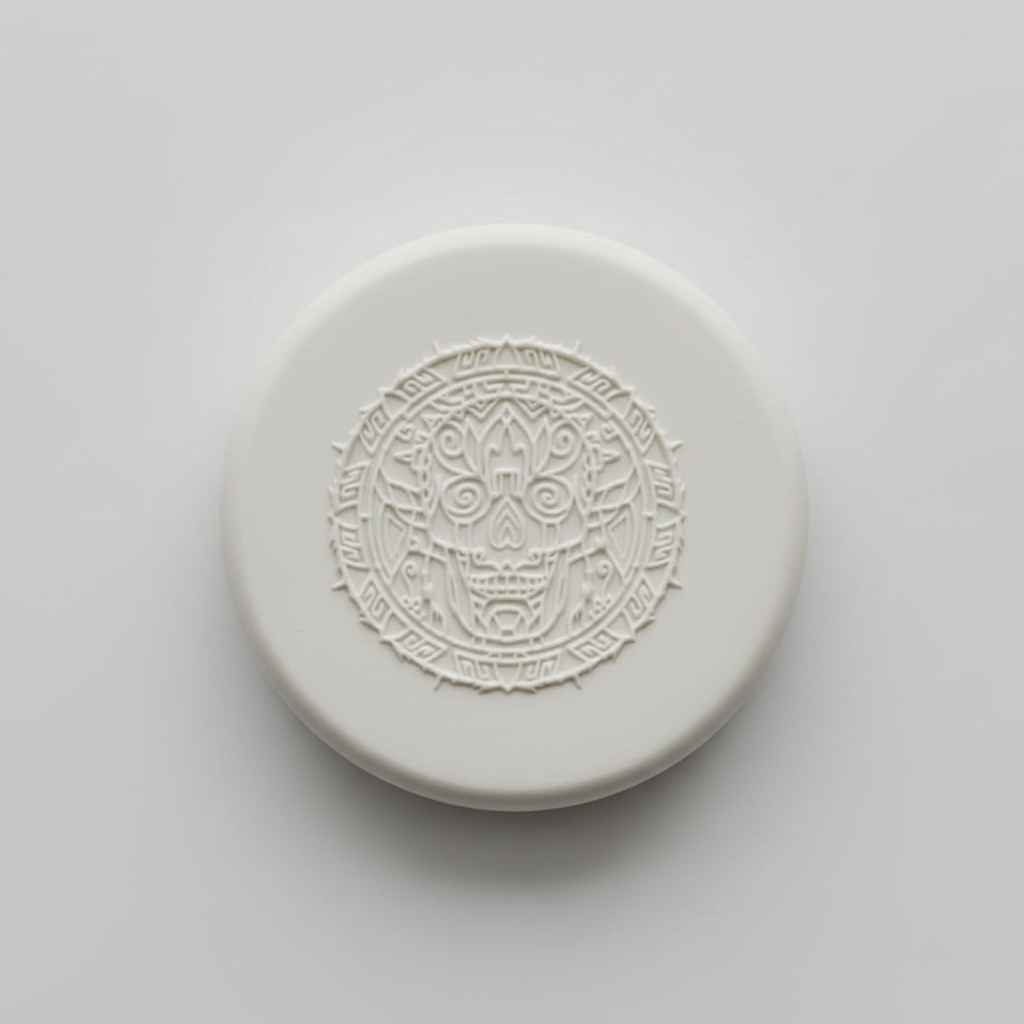 An intricate skull embossed in clay Using a  debossed texture mat. 