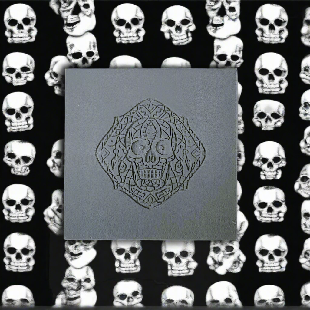A texture tile with a debossed skull with a debossed impression of he day of dead mandala design.