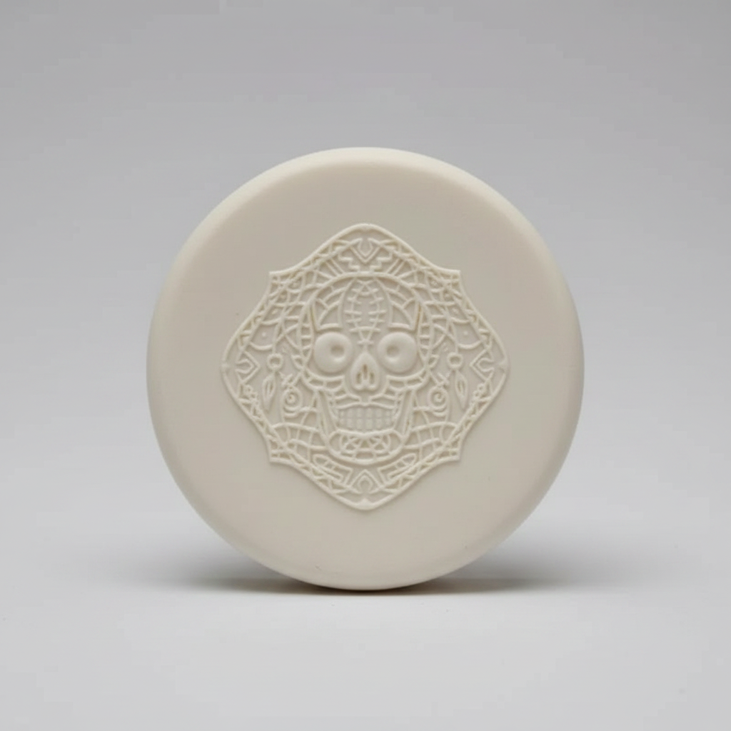 An intricate skull embossed in clay Using a  debossed texture mat. 