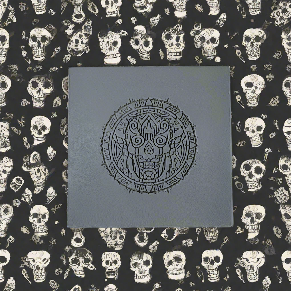 A texture tile with a debossed skull with a debossed impression of he day of dead mandala design.
